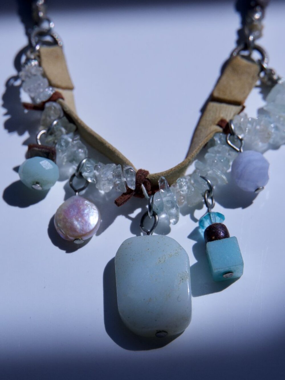 16" Leather Necklace with Mixed Stones and Shell - Picture 4 of 6